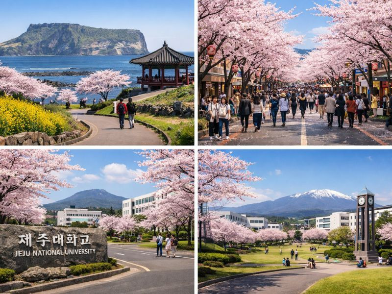 Jeju nổi bật với hoa anh đào nở sớm, cánh to rực rỡ tại Jeonnong-ro và Đại học Jeju