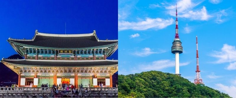 Tháp Namsan và cung điện Gyeongbokgung Tháp Namsan và cung điện Gyeongbokgung