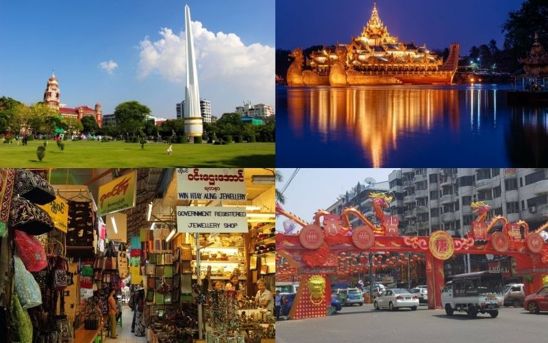 Công viên Mahabandoola - thuyền hoàng gia Karaweik Hall - Chợ cổ Bogyoke Aung San - Khu phố người Hoa theo thứ tự từ trái sang phải Công viên Mahabandoola - thuyền hoàng gia Karaweik Hall - Chợ cổ Bogyoke Aung San - Khu phố người Hoa theo thứ tự từ trái sang phải