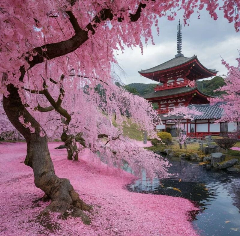Chùa Jufukuji chìm trong sắc hồng của hoa anh đào