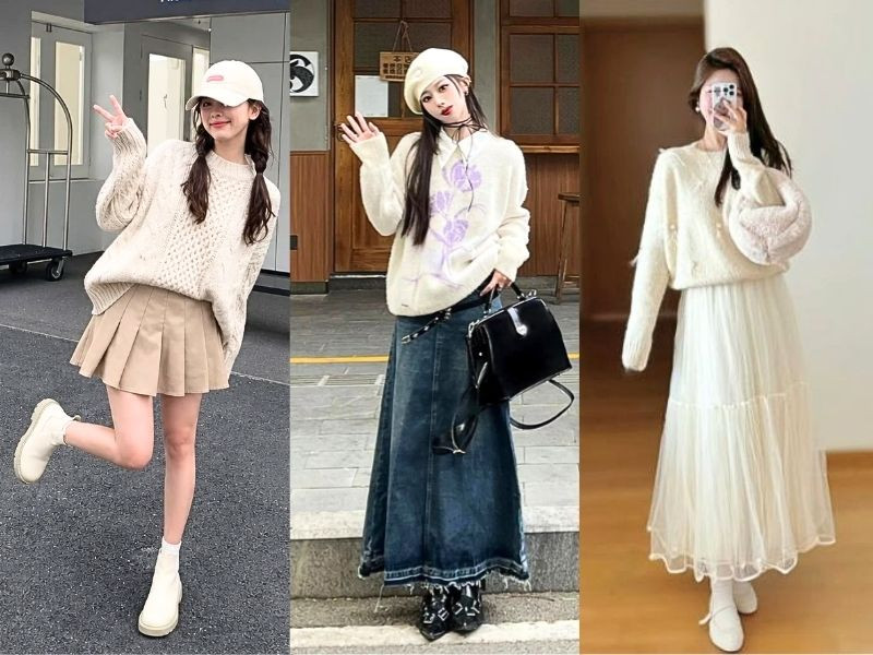Phối áo len Oversize cùng chân váy. 