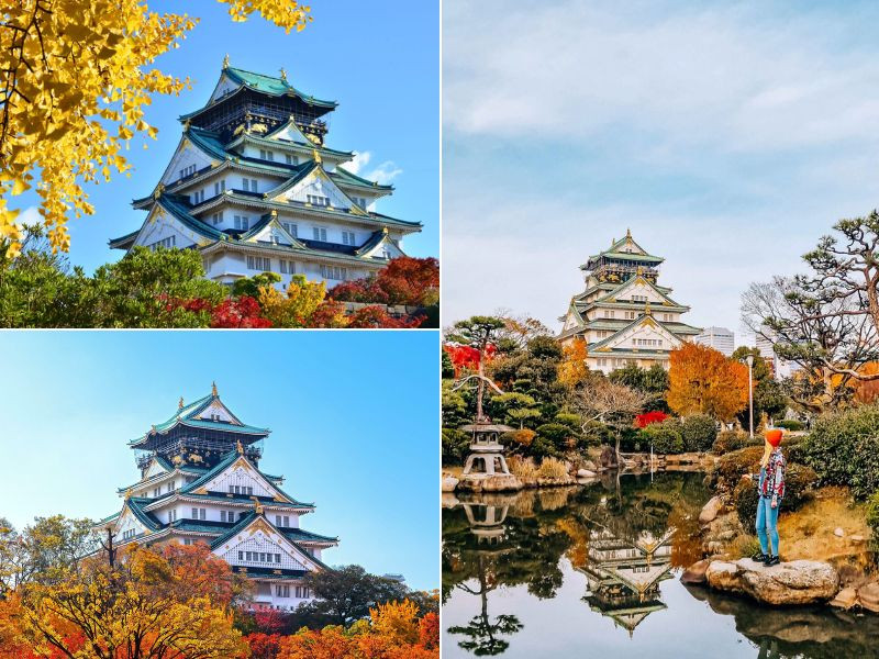 Khung cảnh mùa thu lãng mạn tại lâu đài Osaka. 