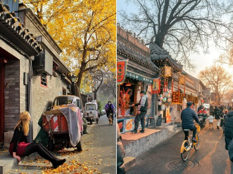 Con hẻm Hutong với lá vàng rơi tái hiện không gian Bắc Kinh xưa