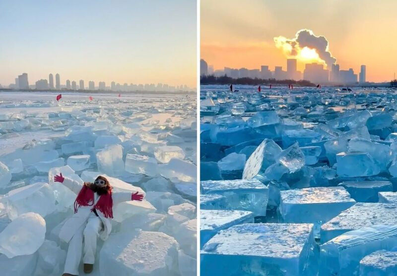 Sông Tùng Hoa cực kì độc đáo khi băng đông 