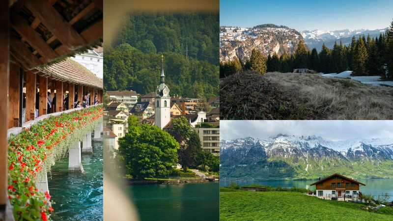 Phong cảnh núi non Thụy Sĩ tháng 3 với nền tuyết tan dần và mặt hồ xanh ngắt