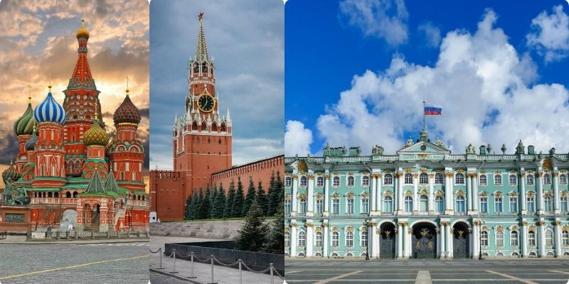 Cung điện Mùa Đông - Điện Kremlin Moscow Nga - Bảo tàng Hermitage từ trái sang phải