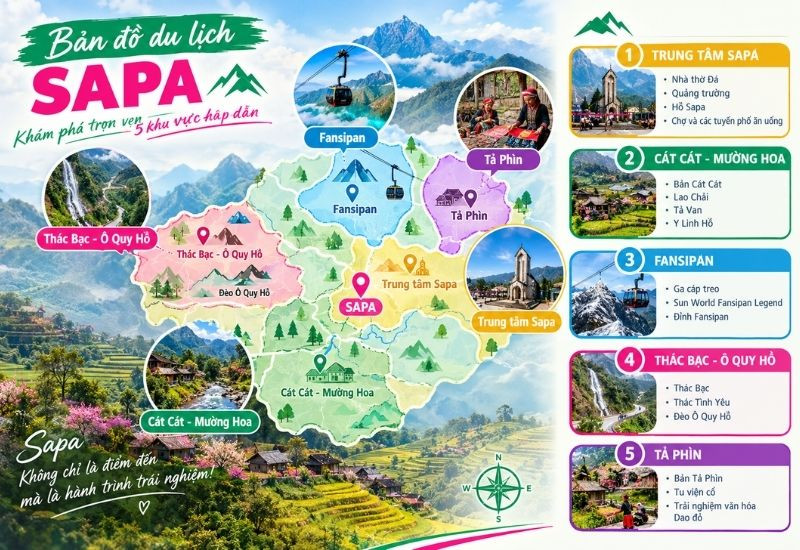 Bản đồ du lịch Sapa giúp dễ dàng xác định các khu vực tham quan nổi bật (ảnh AI tạo)