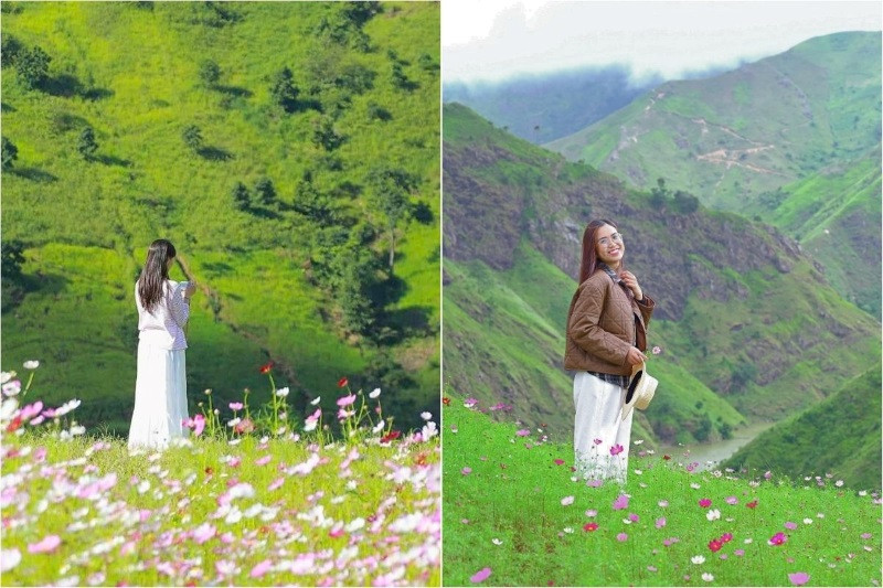 Tạo dáng giữa thảm cỏ xanh với background núi non Tà Xùa Tạo dáng giữa thảm cỏ xanh với background núi non Tà Xùa