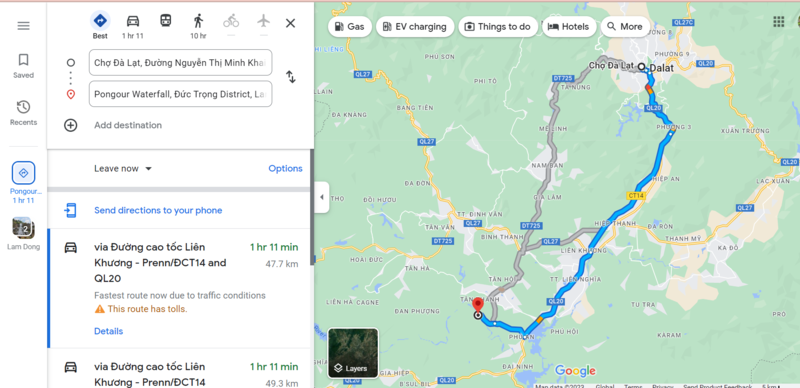 Google Map từ chợ Đà Lạt đến thác Pongour 