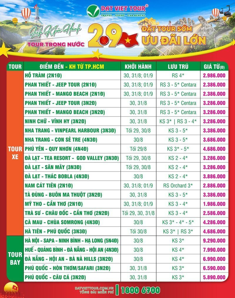 Lịch khởi hành tour dịp lễ 2/9 tại Đất Việt Tour 