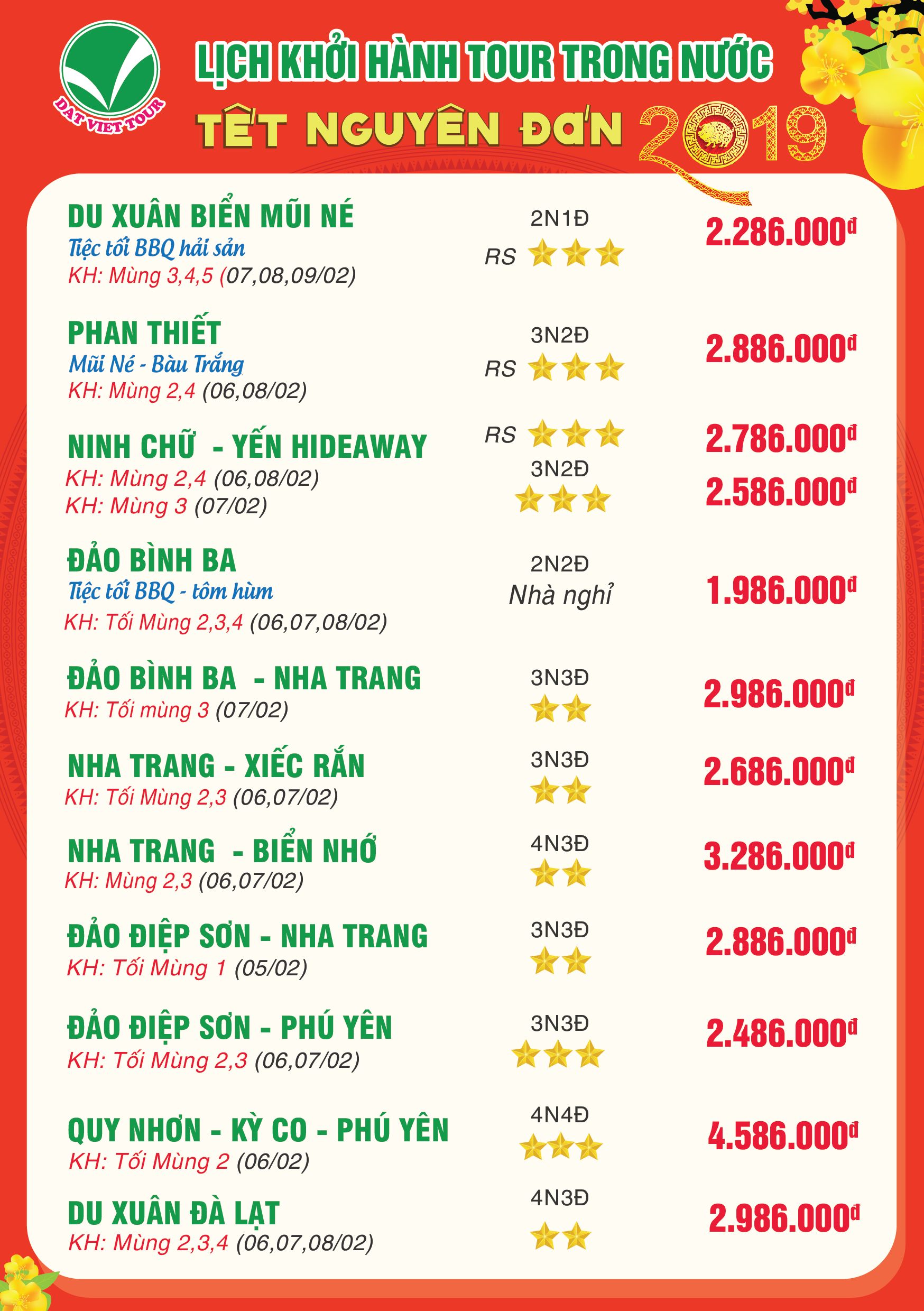 Tổng hợp lịch khởi hành tour tết nguyên đán 2019