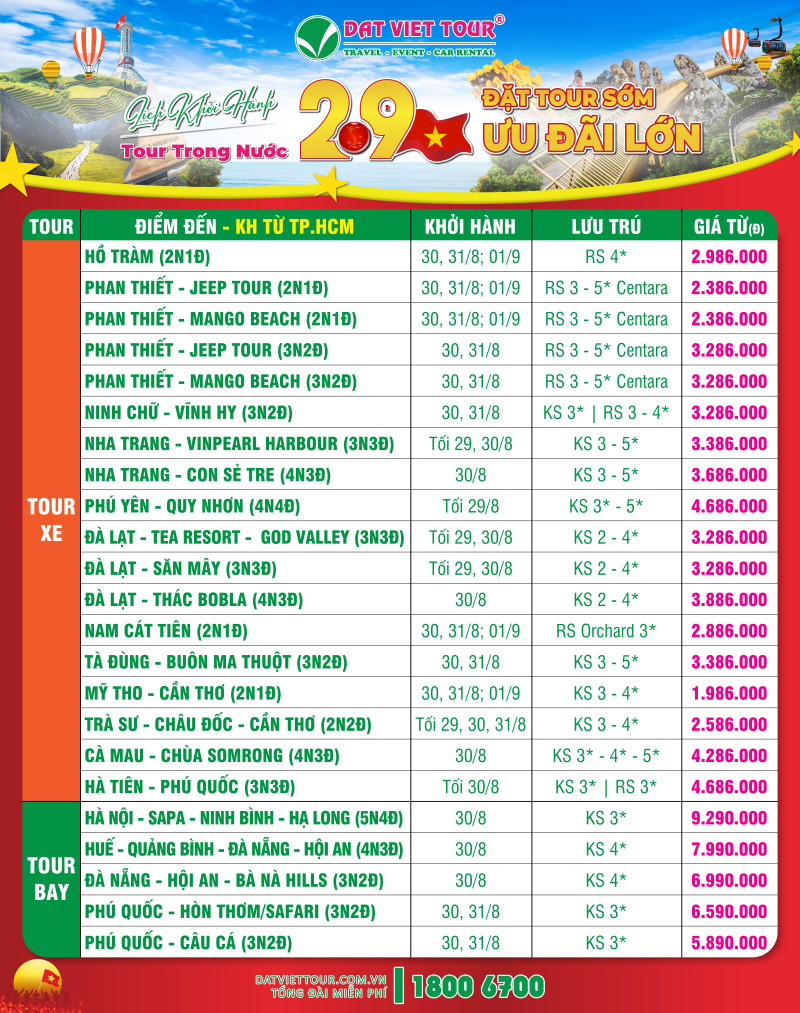 Lịch khởi hành Tour Xe và Tour Bay trong nước Lễ 2/9 
