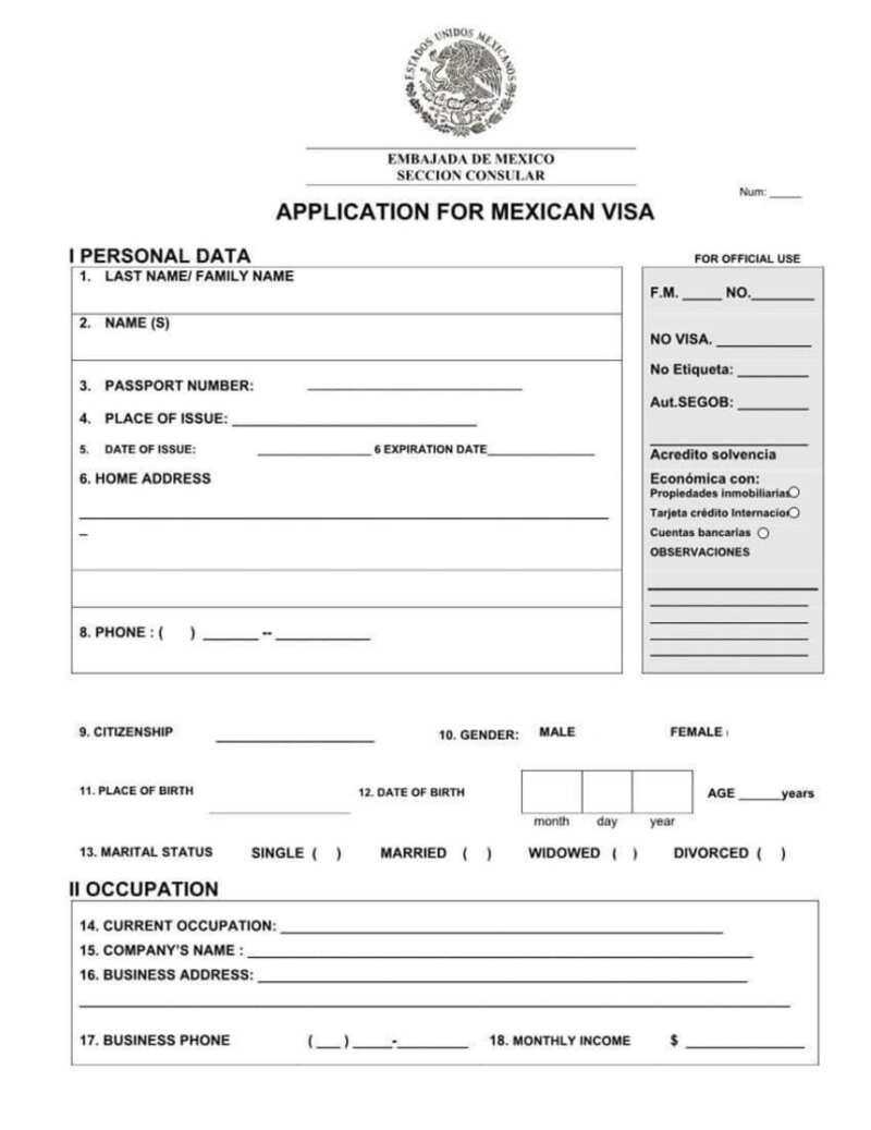 Mẫu tờ khai xin visa Mexico