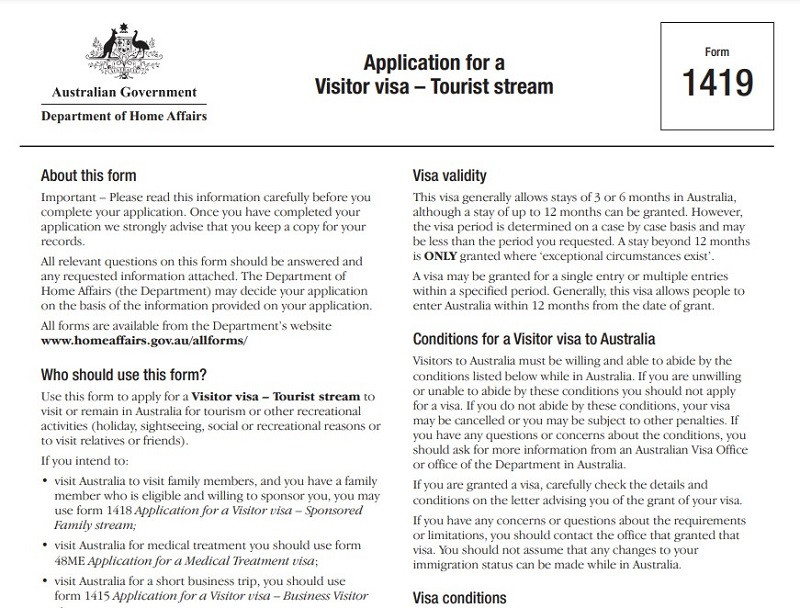 Mẫu đơn xin visa du lịch Úc - mẫu 1419